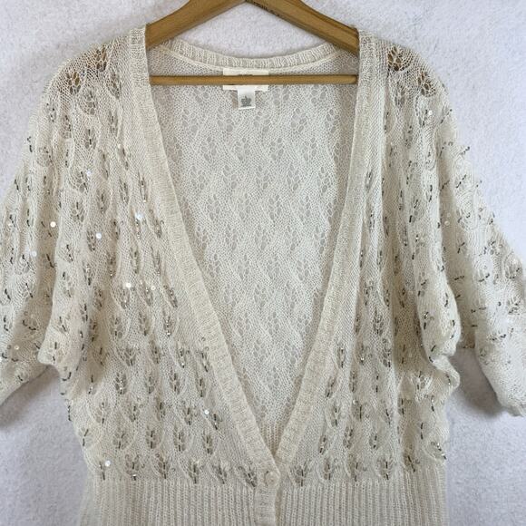 Ann Taylor Womens Open Knit Mohair Wool Top Sz L Ivory Beaded Sequin Balletcore - Picture 2 of 14